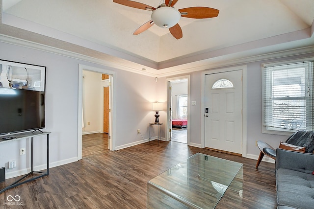 entrance foyer with crown molding, a raised ceiling, ceiling fan, wood finished floors, and baseboards