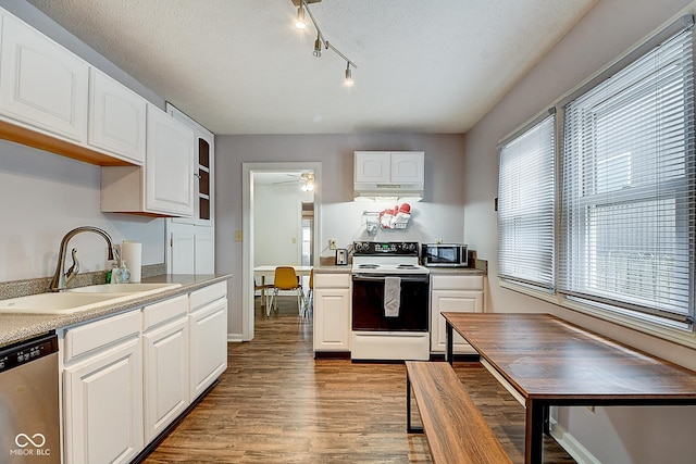 kitchen featuring wood finished floors, stainless steel appliances, under cabinet range hood, white cabinetry, and a sink