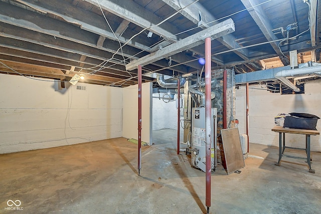 unfinished below grade area featuring gas water heater and visible vents