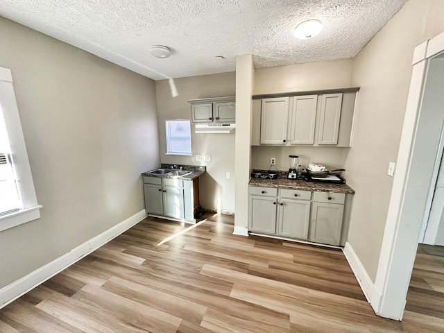 kitchen with a textured ceiling, sink, gray cabinetry, and light hardwood / wood-style floors