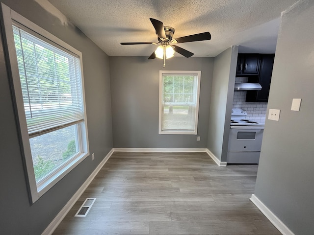 unfurnished dining area with a textured ceiling, ceiling fan, a wealth of natural light, and light wood-type flooring