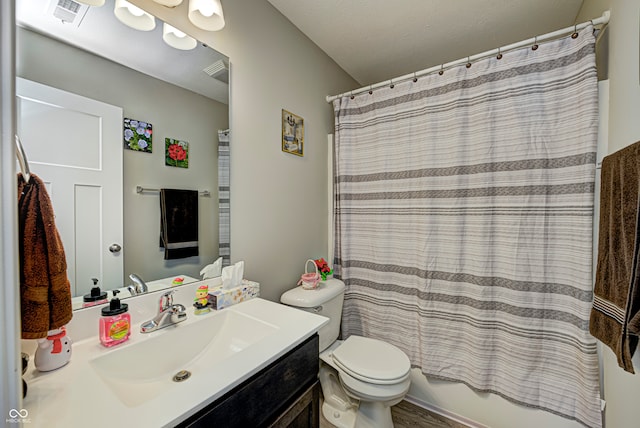 full bathroom with shower / bathtub combination with curtain, vanity, toilet, and wood-type flooring