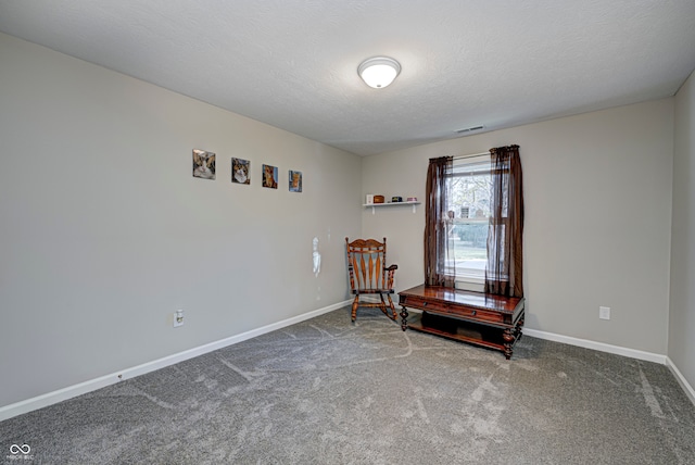 sitting room with carpet and a textured ceiling