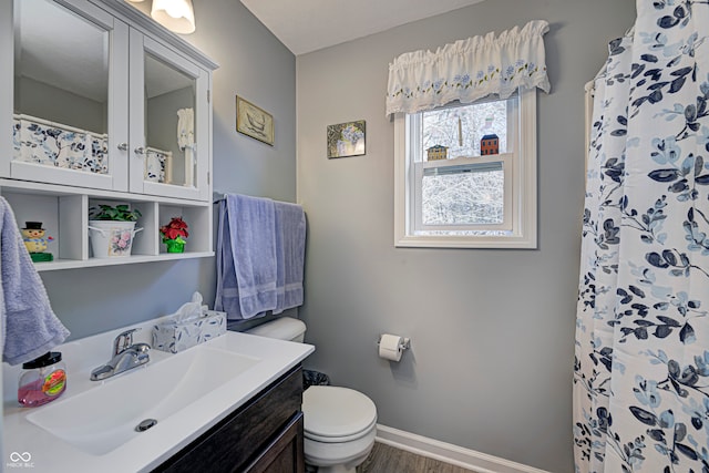 bathroom featuring a shower with shower curtain, vanity, wood-type flooring, and toilet