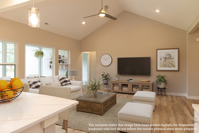 living room with ceiling fan, light hardwood / wood-style floors, and high vaulted ceiling