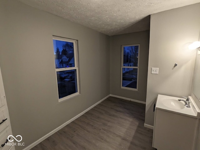 bathroom with a textured ceiling, wood-type flooring, and vanity