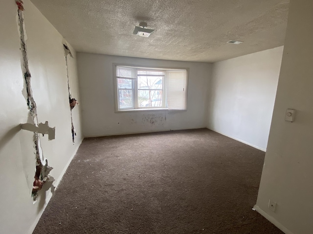 carpeted empty room with a textured ceiling