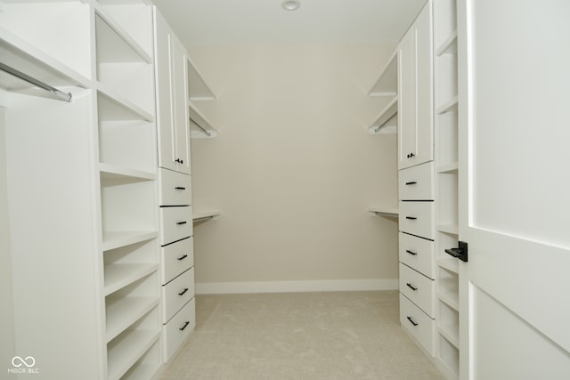 spacious closet featuring light carpet