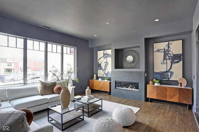 living room featuring dark hardwood / wood-style floors and a wealth of natural light