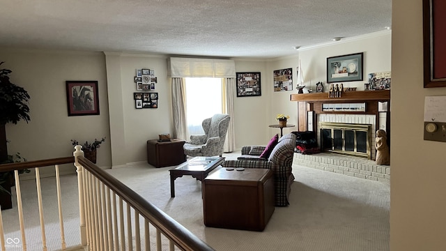 living room with a fireplace, a textured ceiling, light colored carpet, and ornamental molding