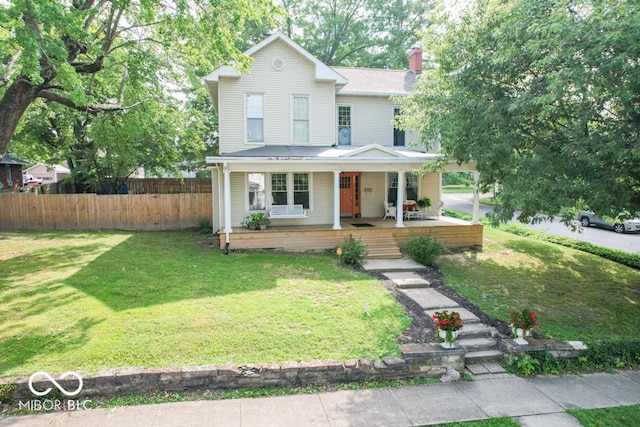 view of front of house featuring a porch and a front lawn