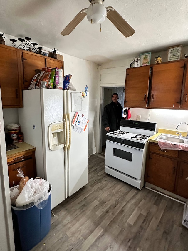 kitchen featuring dark hardwood / wood-style floors, white appliances, ceiling fan, and sink