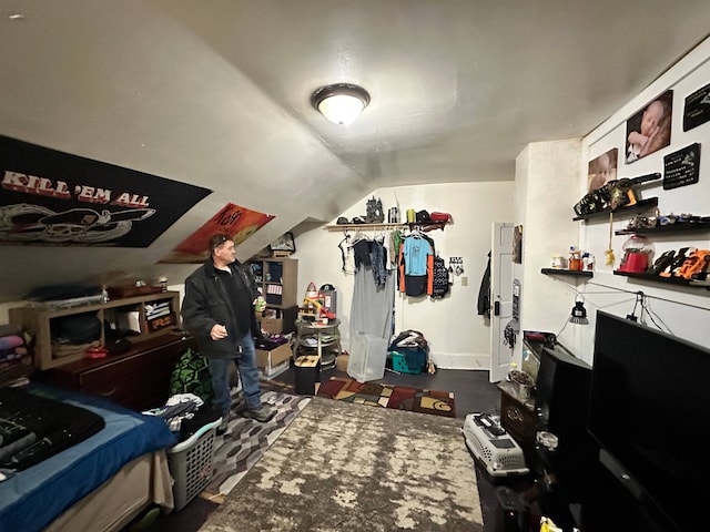 bedroom featuring lofted ceiling