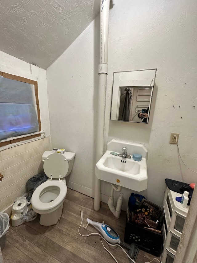 bathroom with sink, a textured ceiling, toilet, and wood-type flooring