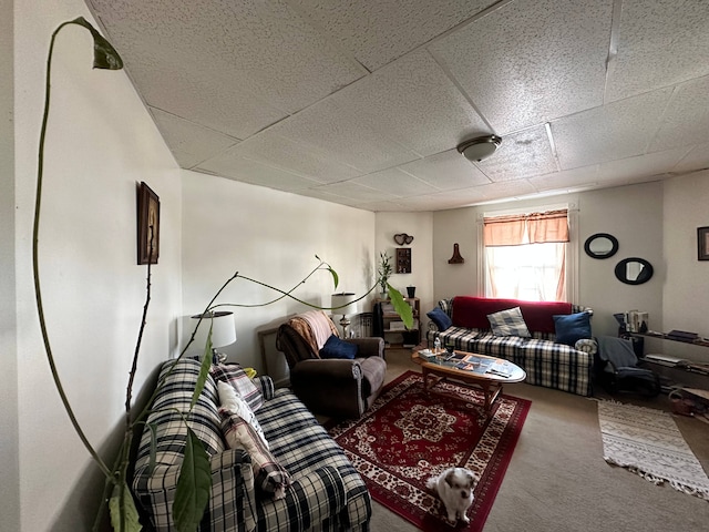 living room featuring a paneled ceiling and carpet