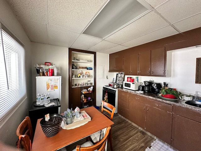 kitchen with a paneled ceiling, dark brown cabinets, white appliances, and dark hardwood / wood-style floors