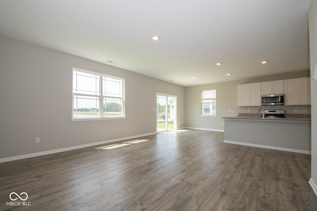 unfurnished living room featuring dark hardwood / wood-style floors and sink