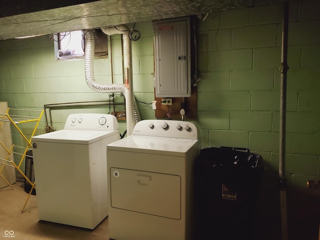 clothes washing area featuring electric panel and separate washer and dryer