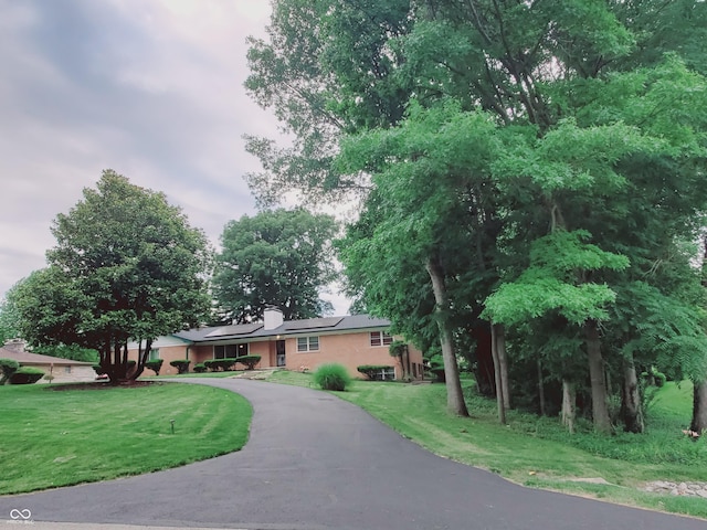 view of front facade featuring a front lawn and solar panels