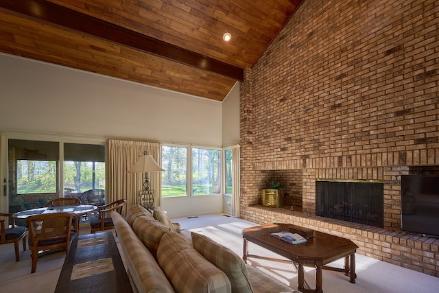 living room with high vaulted ceiling, a brick fireplace, carpet flooring, and wood ceiling