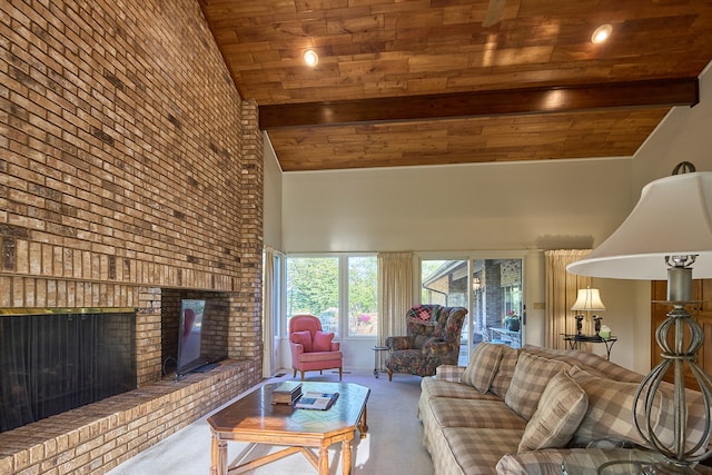 living room featuring wood ceiling, a fireplace, high vaulted ceiling, and carpet flooring