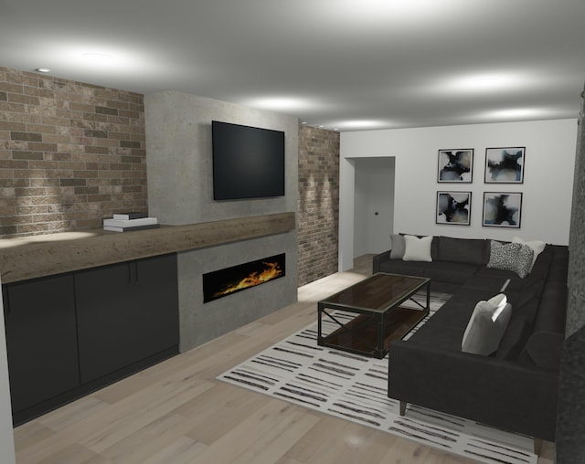 living room featuring brick wall, light hardwood / wood-style flooring, and a fireplace