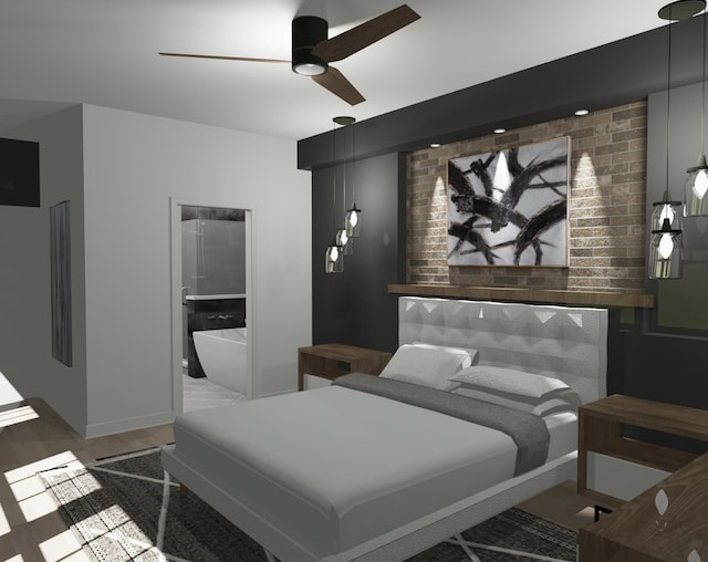 bedroom featuring brick wall, hardwood / wood-style floors, and ceiling fan