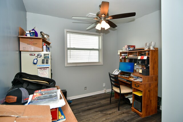 home office with ceiling fan and dark hardwood / wood-style floors