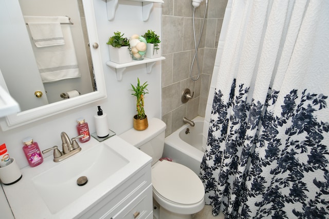 full bathroom with shower / bath combination with curtain, toilet, and vanity