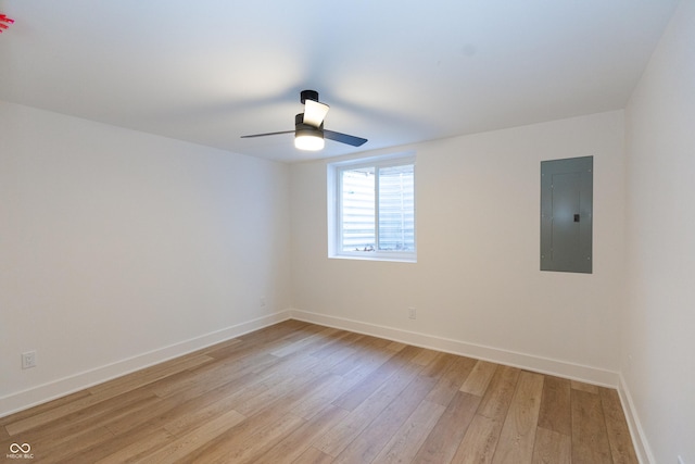 unfurnished room with ceiling fan, electric panel, and light hardwood / wood-style flooring