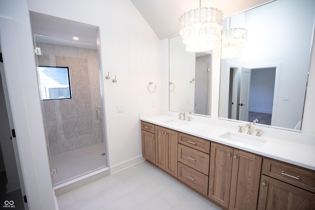 2133 N Talbott St, Indianapolis, IN 46202 - full bathroom with double vanity, a shower stall, a chandelier, tile patterned flooring, and vaulted ceiling