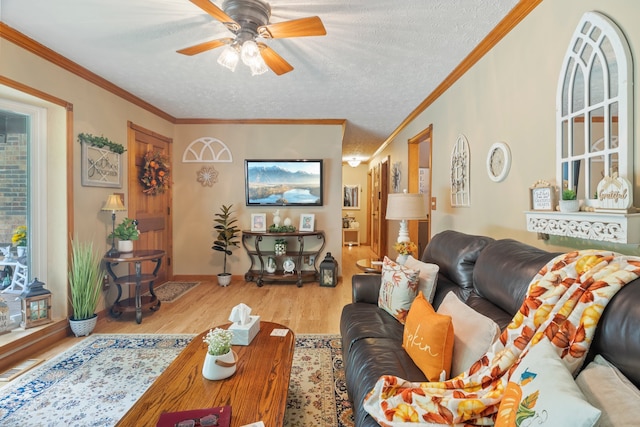 living room featuring ornamental molding, a textured ceiling, ceiling fan, and light hardwood / wood-style flooring