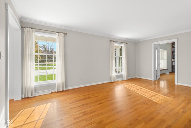 unfurnished room with crown molding and light wood-type flooring