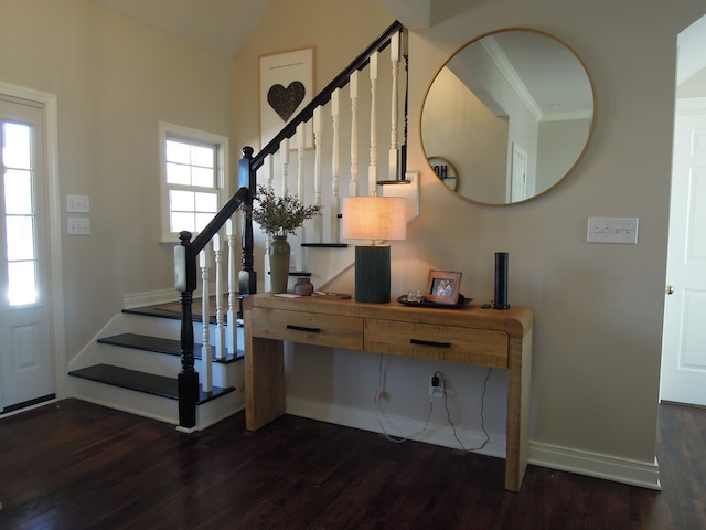 stairway featuring a healthy amount of sunlight and dark hardwood / wood-style floors