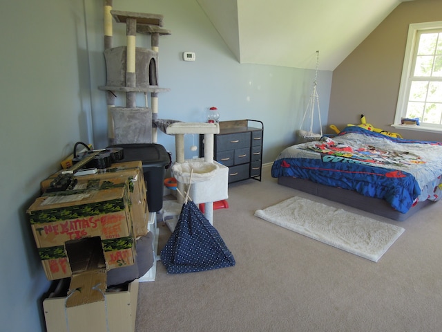 carpeted bedroom featuring vaulted ceiling