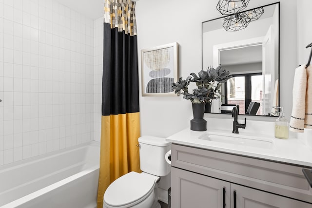 full bathroom with shower / bathtub combination with curtain, toilet, and large vanity