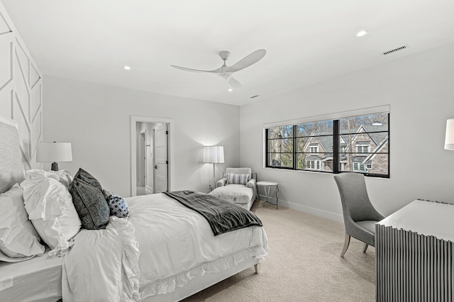 carpeted bedroom with ceiling fan