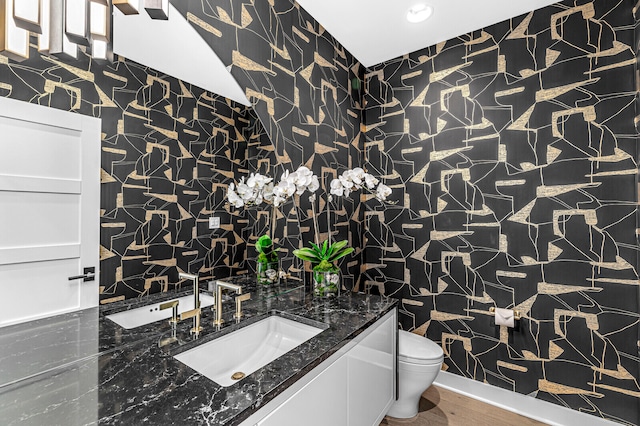 bathroom with toilet, vanity, and hardwood / wood-style floors