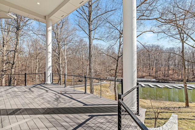 wooden deck featuring a water view