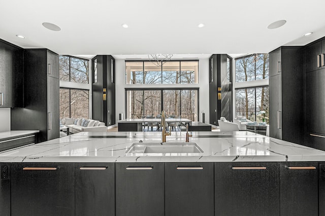 kitchen featuring sink, an island with sink, and light stone countertops