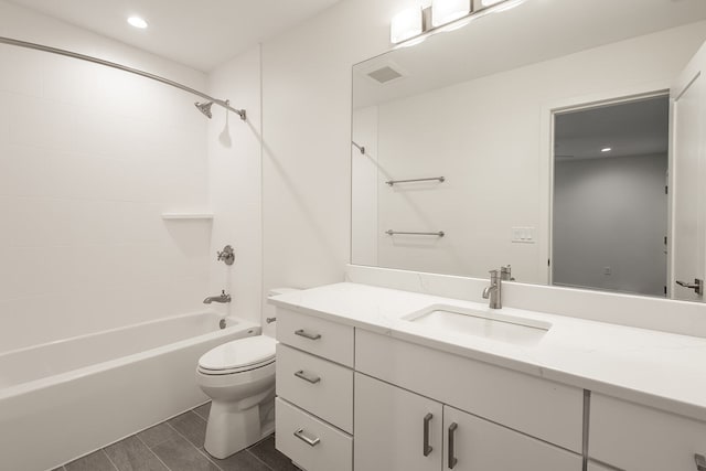 full bathroom with shower / bathing tub combination, toilet, oversized vanity, and tile flooring