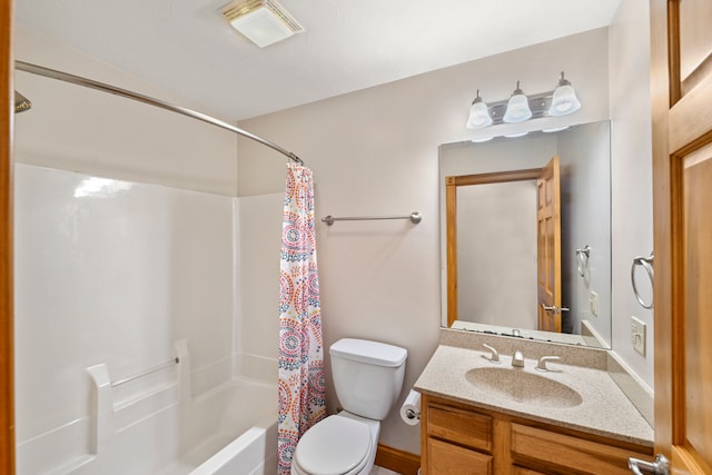 full bathroom with shower / tub combo, toilet, and oversized vanity