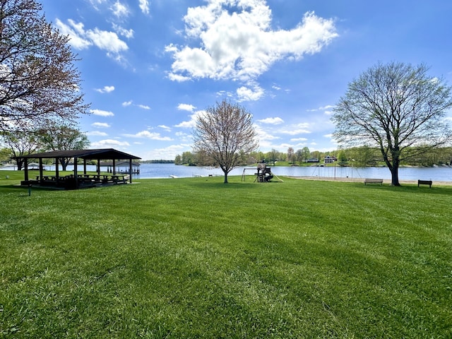 view of yard with a water view and a gazebo