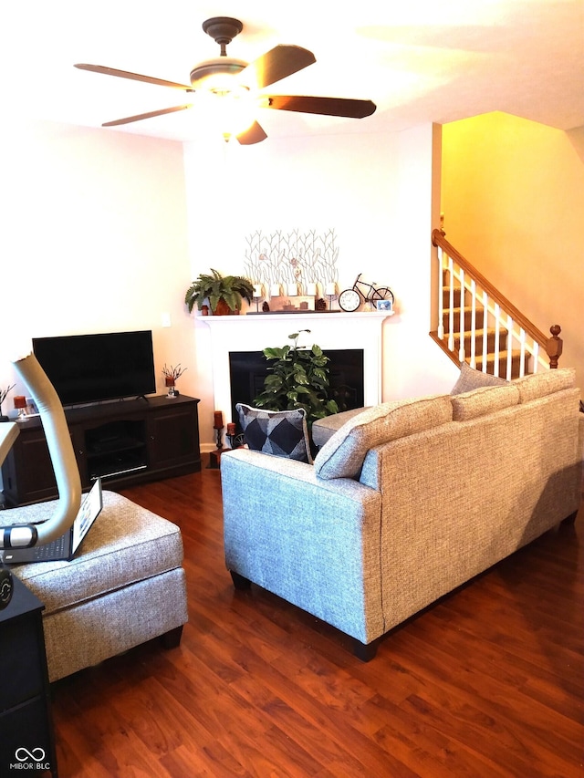 living room featuring ceiling fan and dark hardwood / wood-style flooring