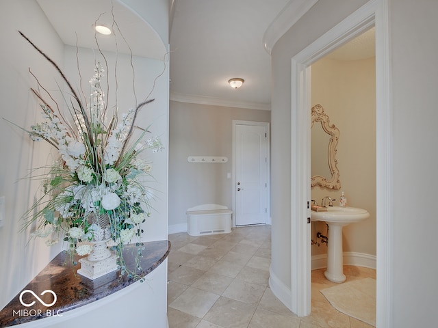 bathroom with sink and ornamental molding