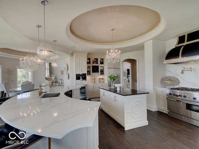 kitchen featuring high quality appliances, a raised ceiling, sink, and a large island with sink