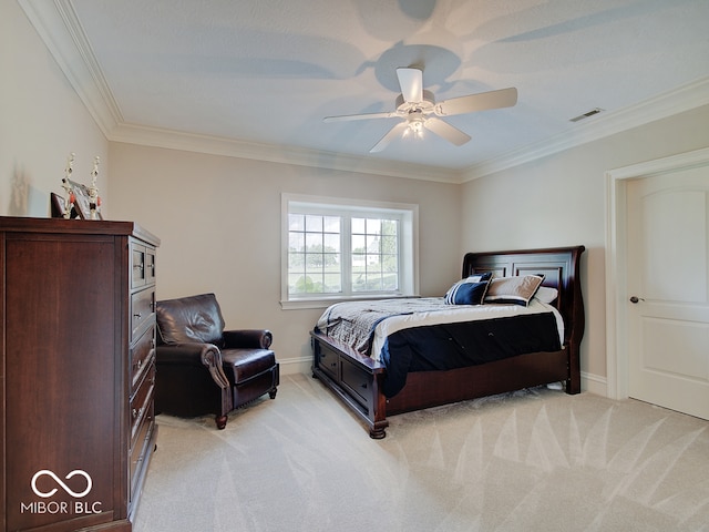 bedroom with crown molding, light carpet, and ceiling fan