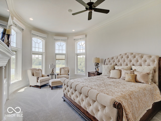 bedroom featuring ornamental molding and carpet floors