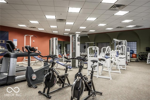 exercise room featuring light colored carpet and a paneled ceiling