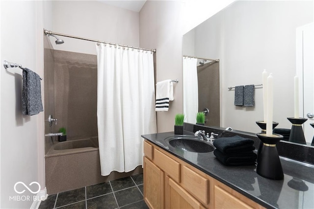 bathroom featuring shower / bath combination with curtain, oversized vanity, and tile flooring